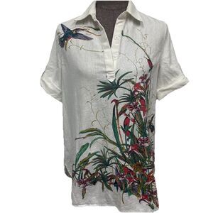 Peck & Peck White Linen Blend Popover Top Shirt Floral Hummingbirds Nature Sz S